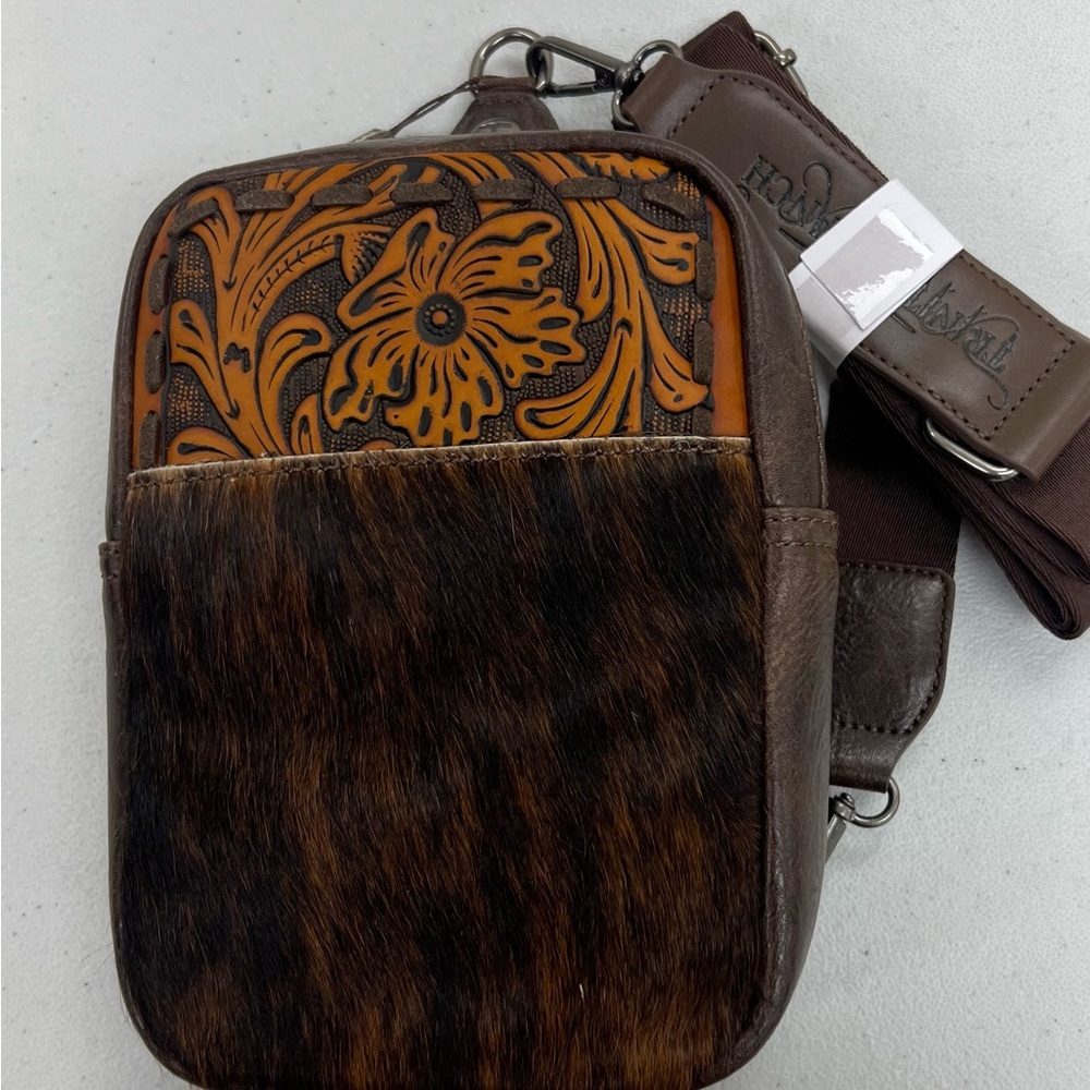 Brown Leather Tooling Crossbody Hipster cowhide tooling Rodeo Cowgirl Western